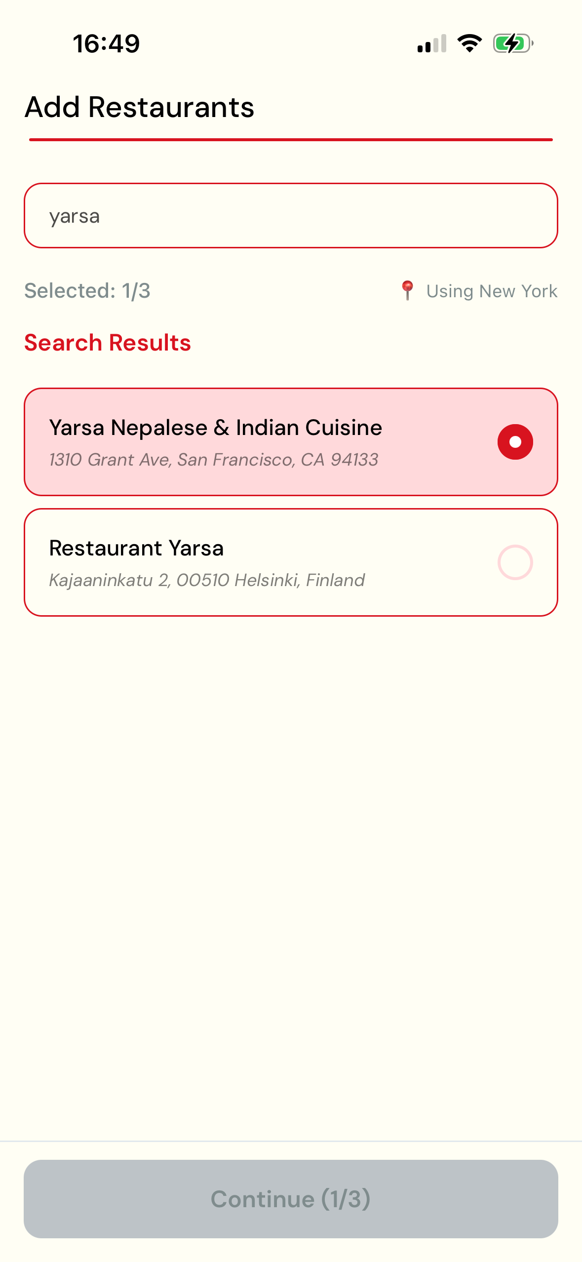 Add Restaurants screen