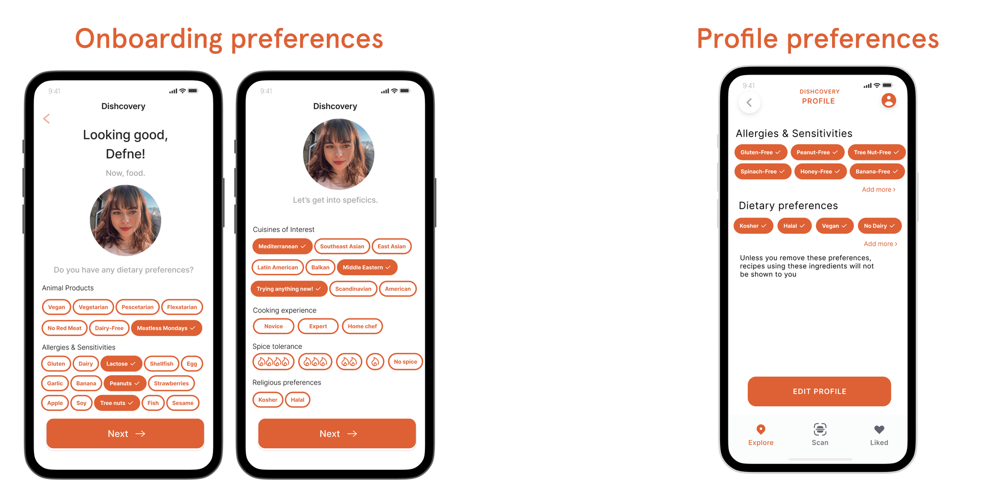 User preferences screens