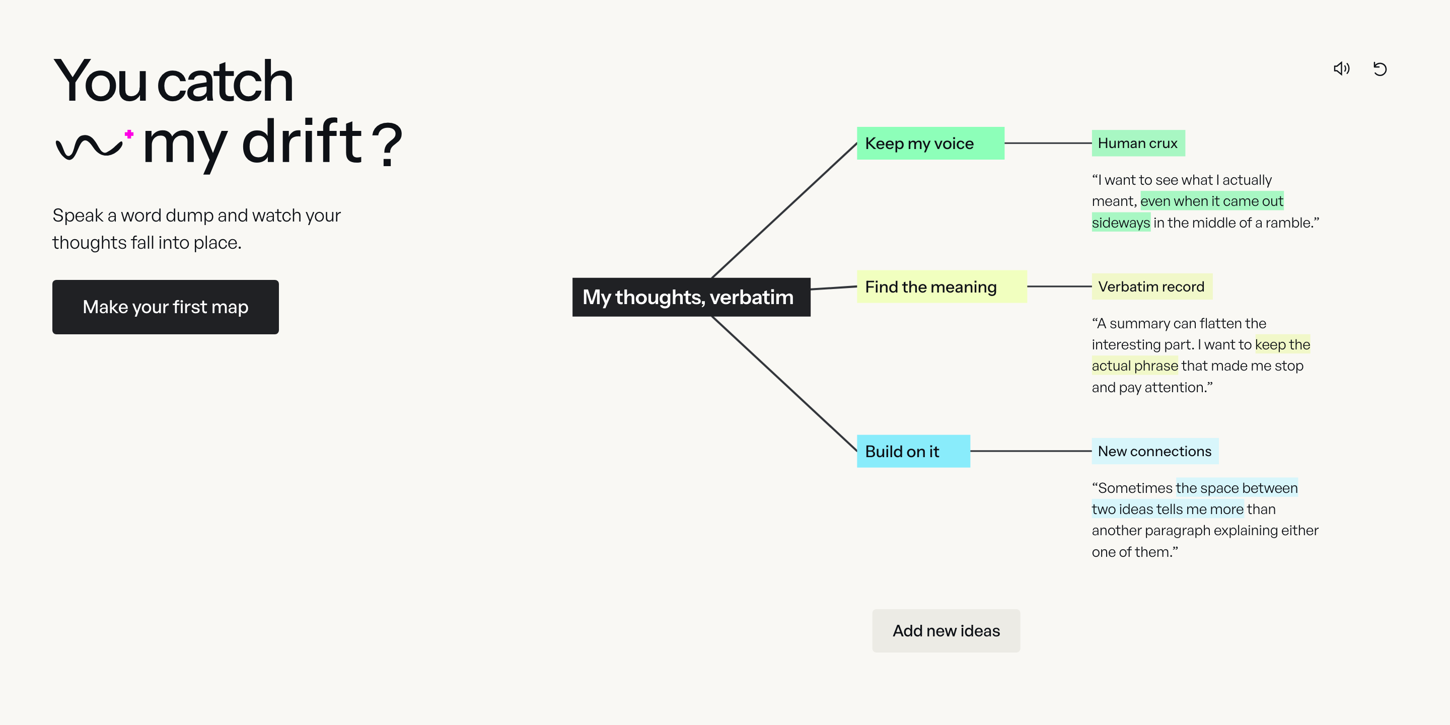 The my drift welcome page: a sample map of three topics, each with the exact quote it came from