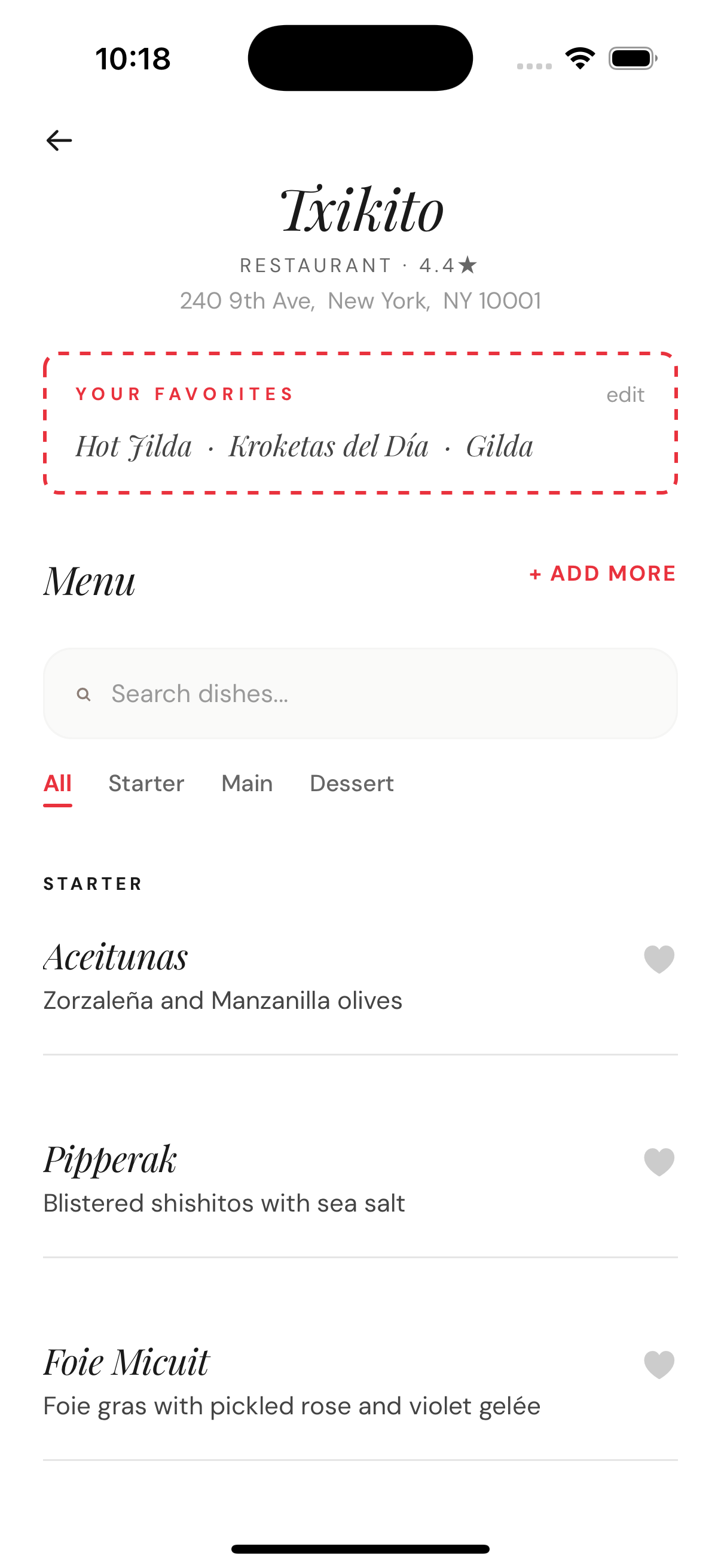 Restaurant detail with menu